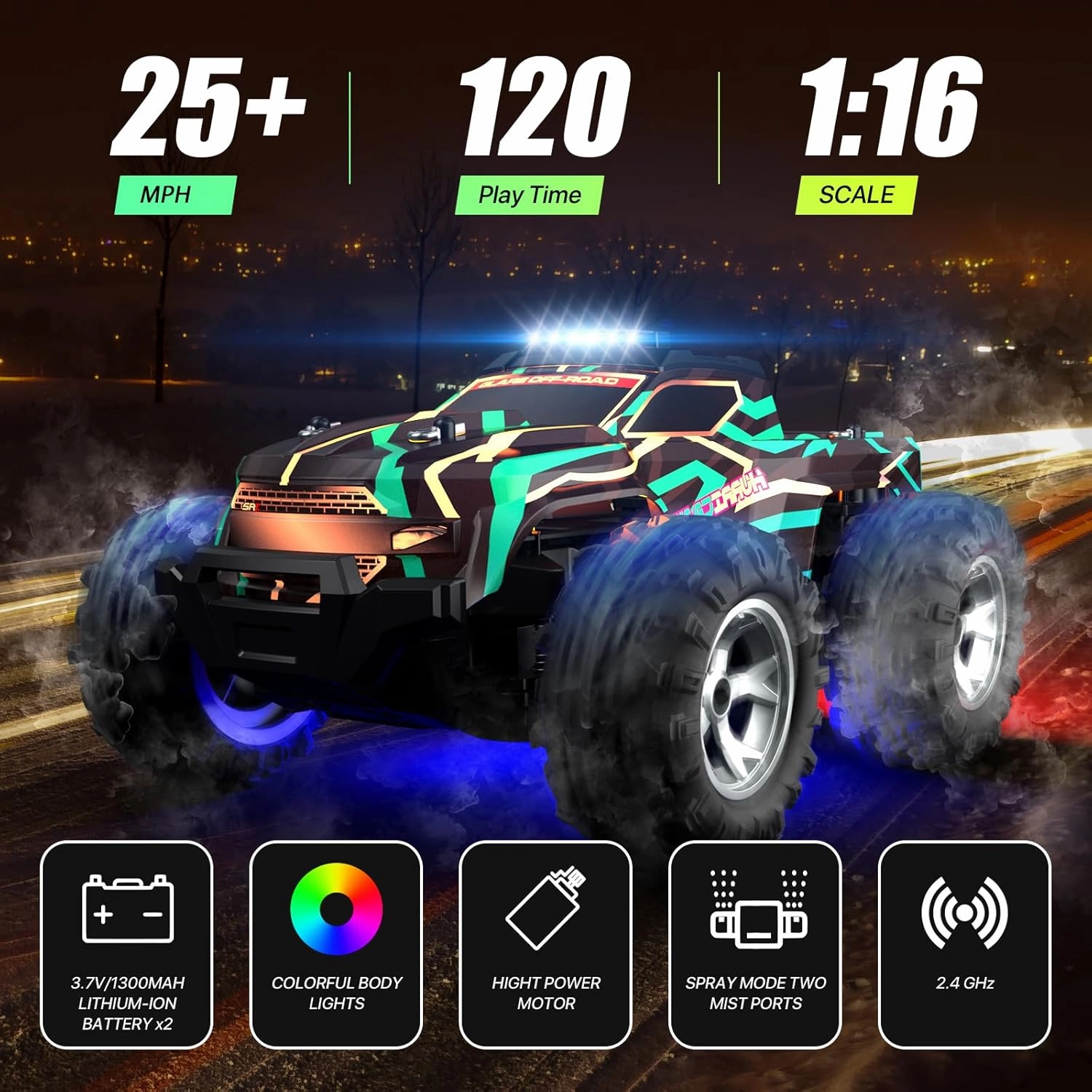 Remote Control Car for 4-7 8-12 Boys, 1/16 Scale All Terrain RC Cars,High Speed 25Km/h Fast Car with Colorful Led Light and Spray, Two Rechargeable Battery RC Truck, Toy Car Gift for Teen Boys Girl