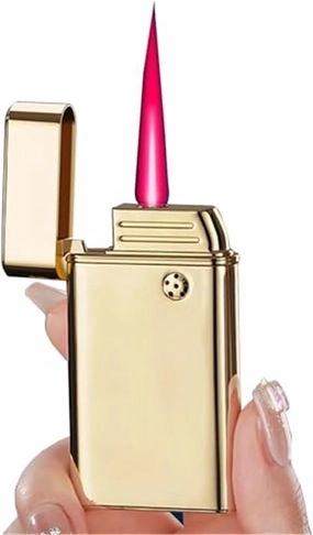 Retro Metal Butane Lighters, Smart Voice-Activated Sensor, Windproof Jet Red Flame, Adjustable Flame Size, Refillable Gas Portable Flip-top Lighter, Gift for Men (No Fuel Included)(Gold)