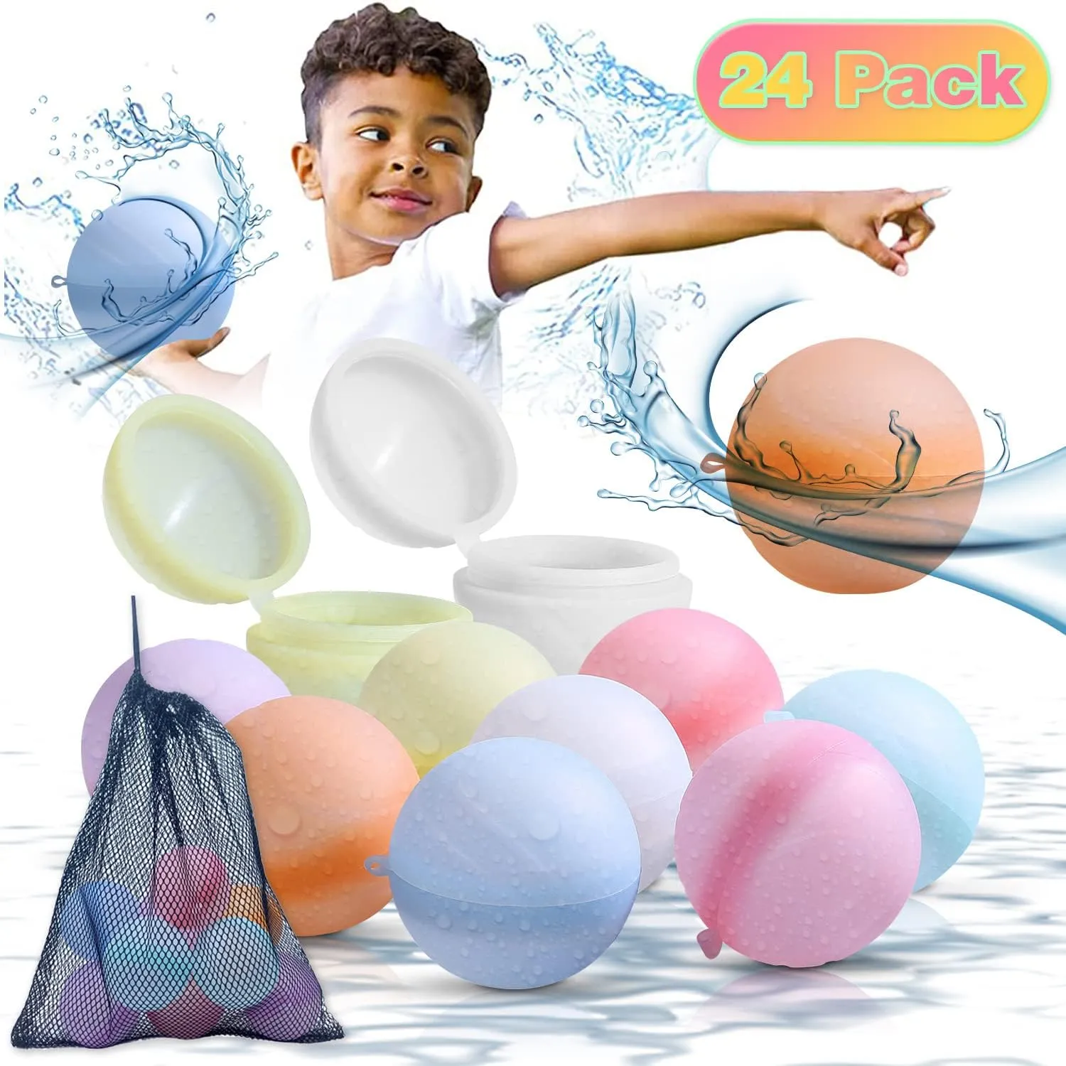 Reusable Water Balloons Water Balls Latex-Free Soft Silicone Water Splash Ball with Portable Mesh Bag Summer Outdoor Play Pool Party Backyard Fun Water Toys (24 Pack)