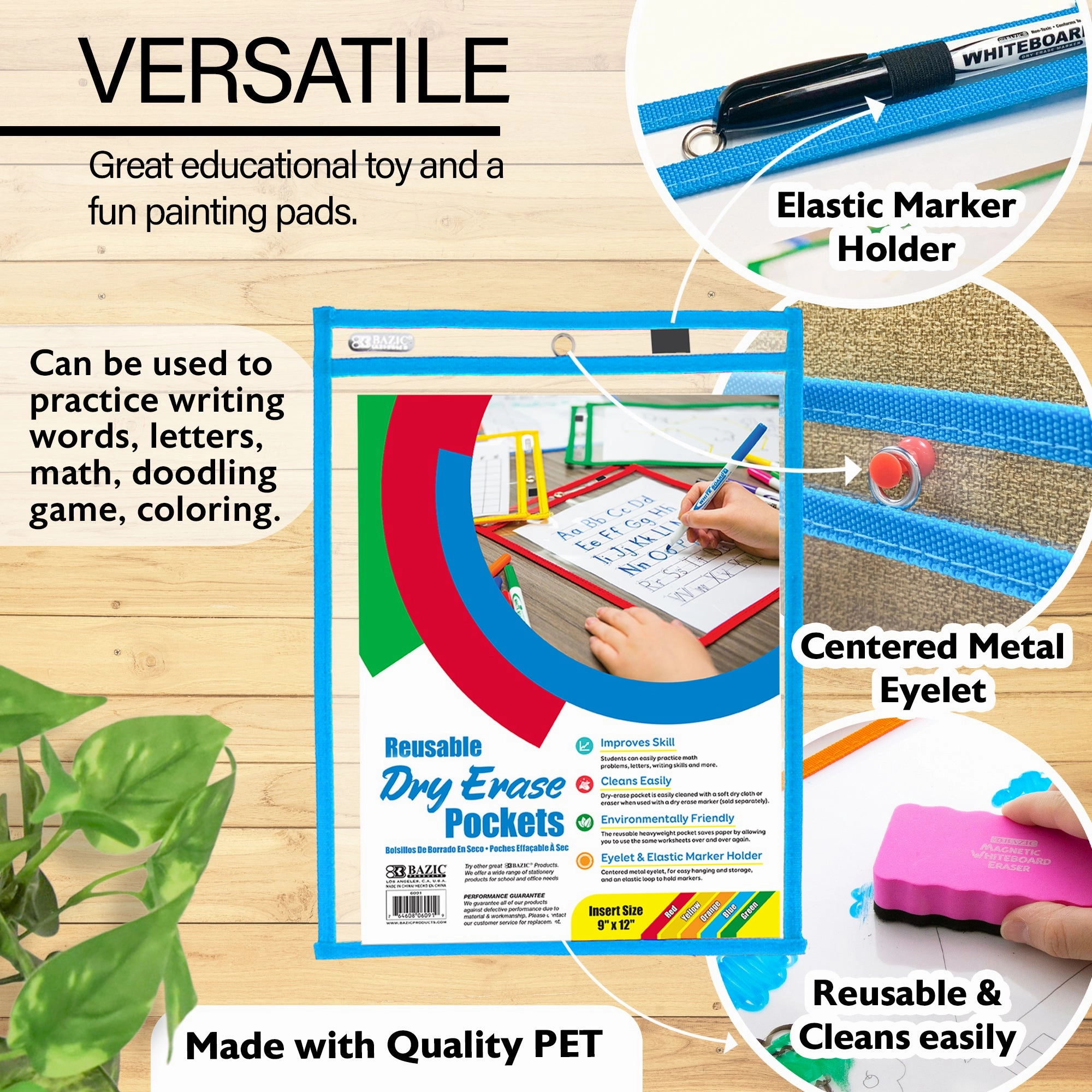 Reusable Dry Erase Pockets with Marker Holder (10/Pack)