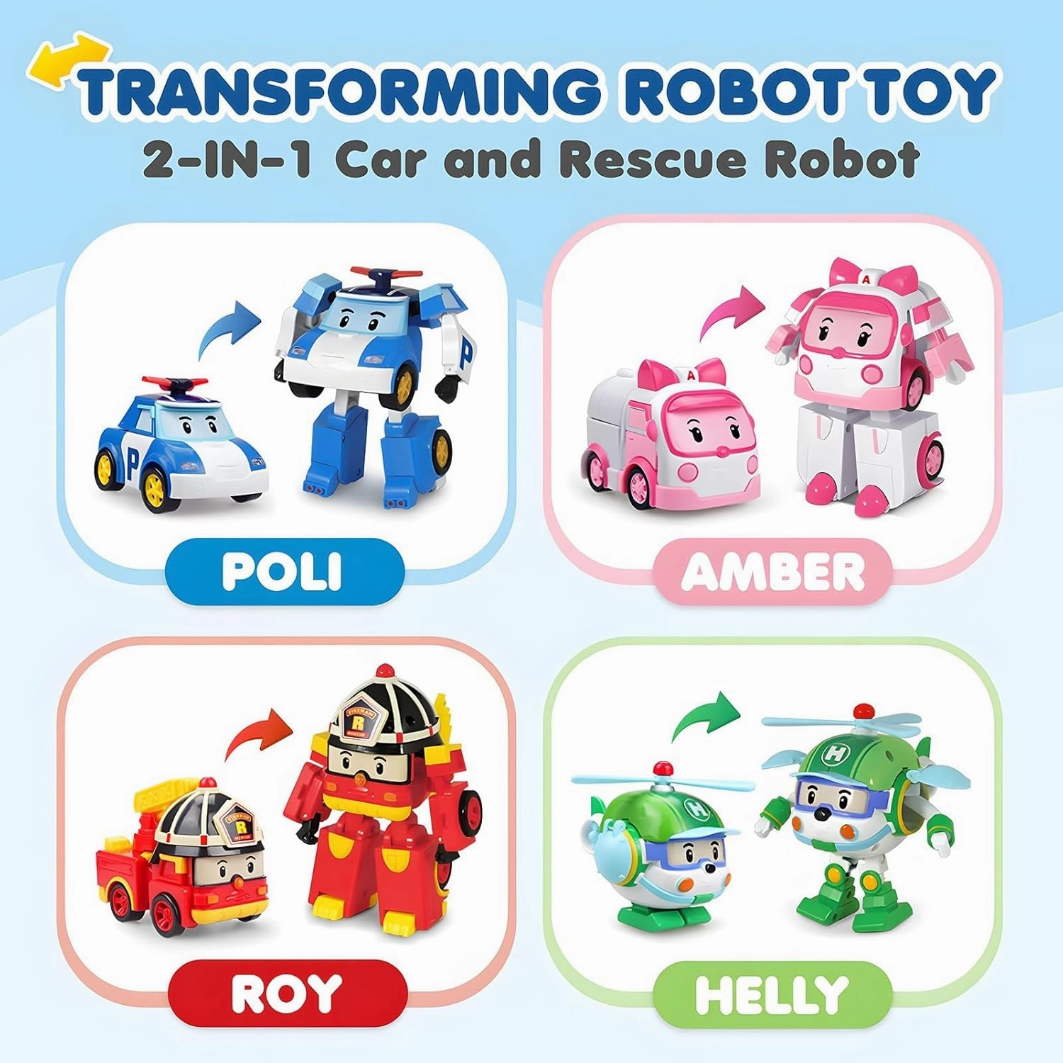 Robocar Poli 4" Transforming Robot - 2pcs Bundle(Poli, Helly) – Emergency Vehicle Action Figures | Rescue Team Playset Gift for Boys & Girls Ages 1–5