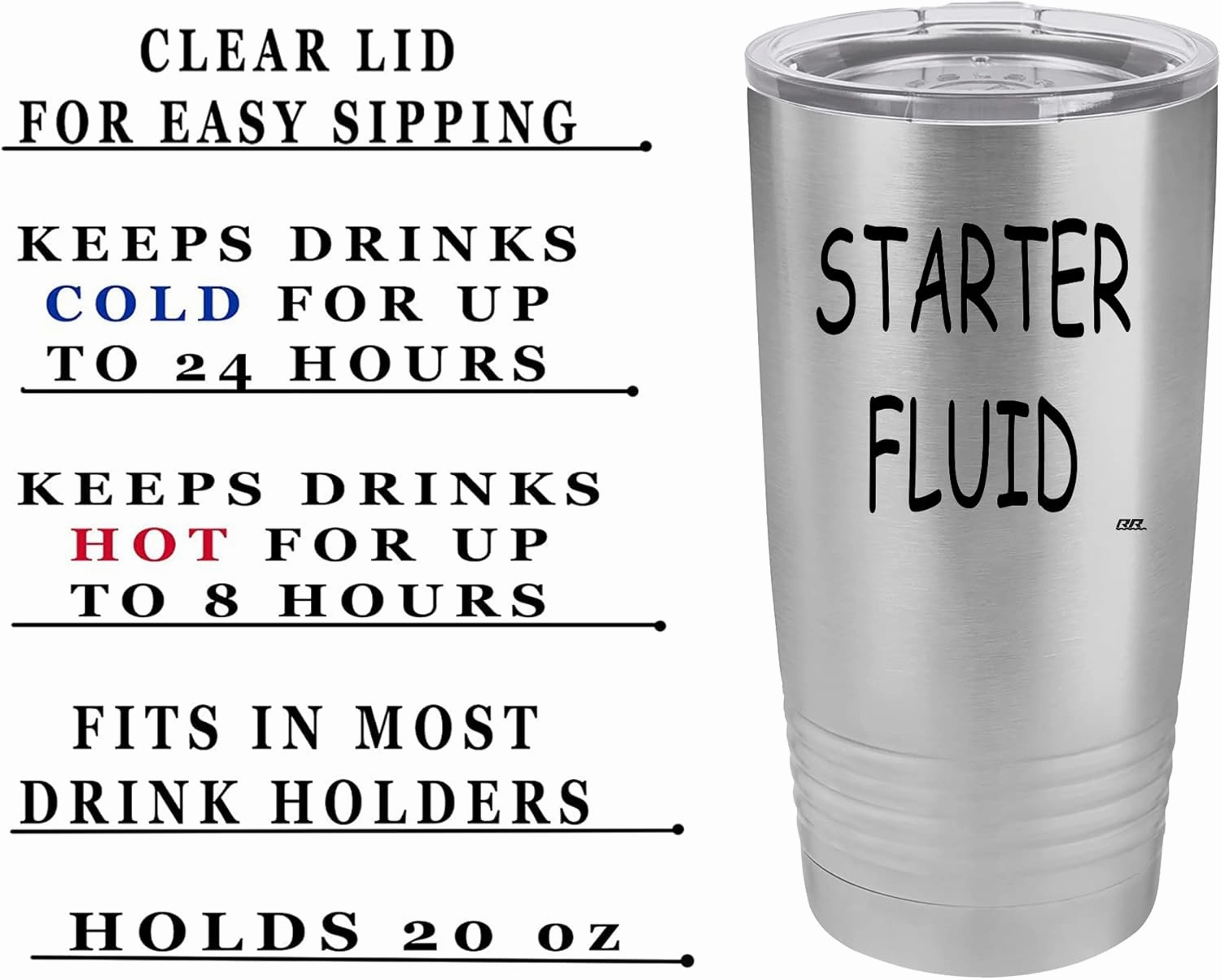 Rogue River Tactical Funny Starter Fluid Large 20 Ounce Travel Tumbler Mug Cup w/Lid Vacuum Insulated Hot or Cold Sarcastic Dad Father For Men Him (Silver)