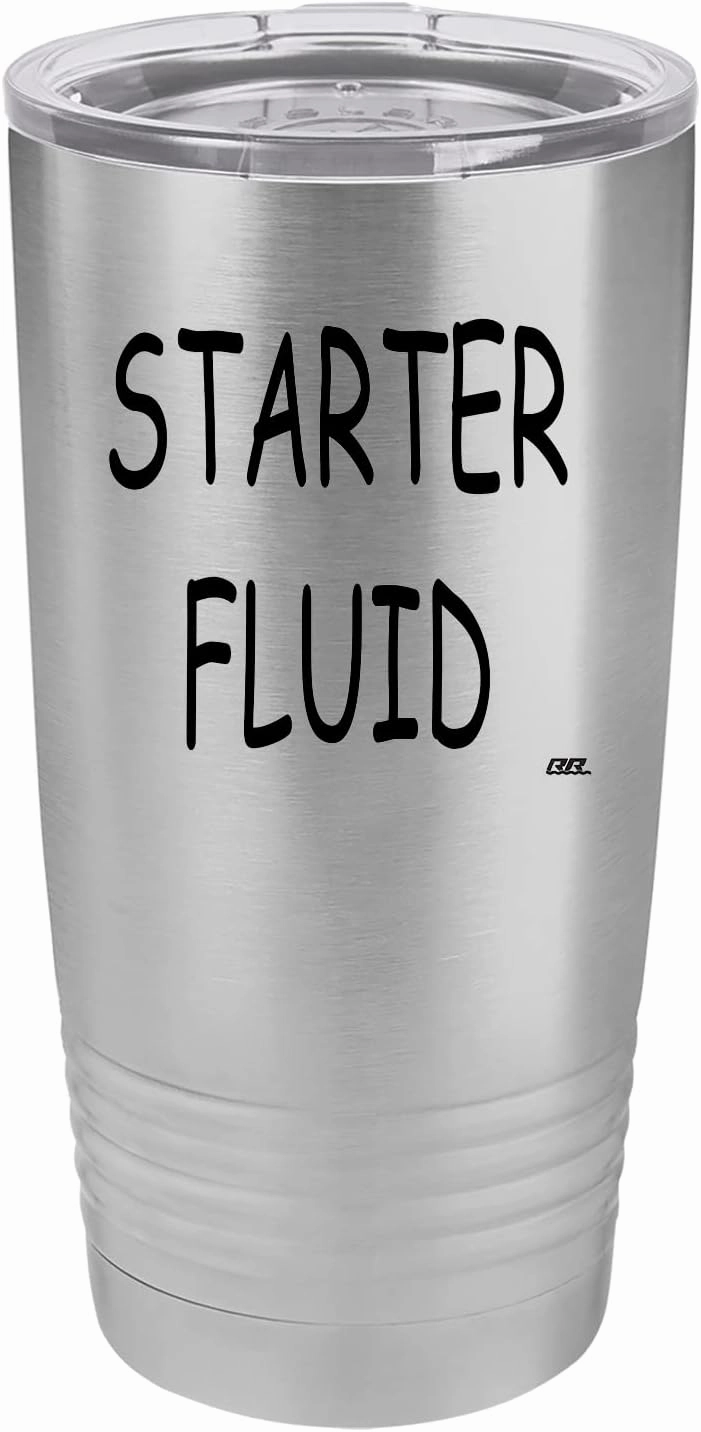 Rogue River Tactical Funny Starter Fluid Large 20 Ounce Travel Tumbler Mug Cup w/Lid Vacuum Insulated Hot or Cold Sarcastic Dad Father For Men Him (Silver)