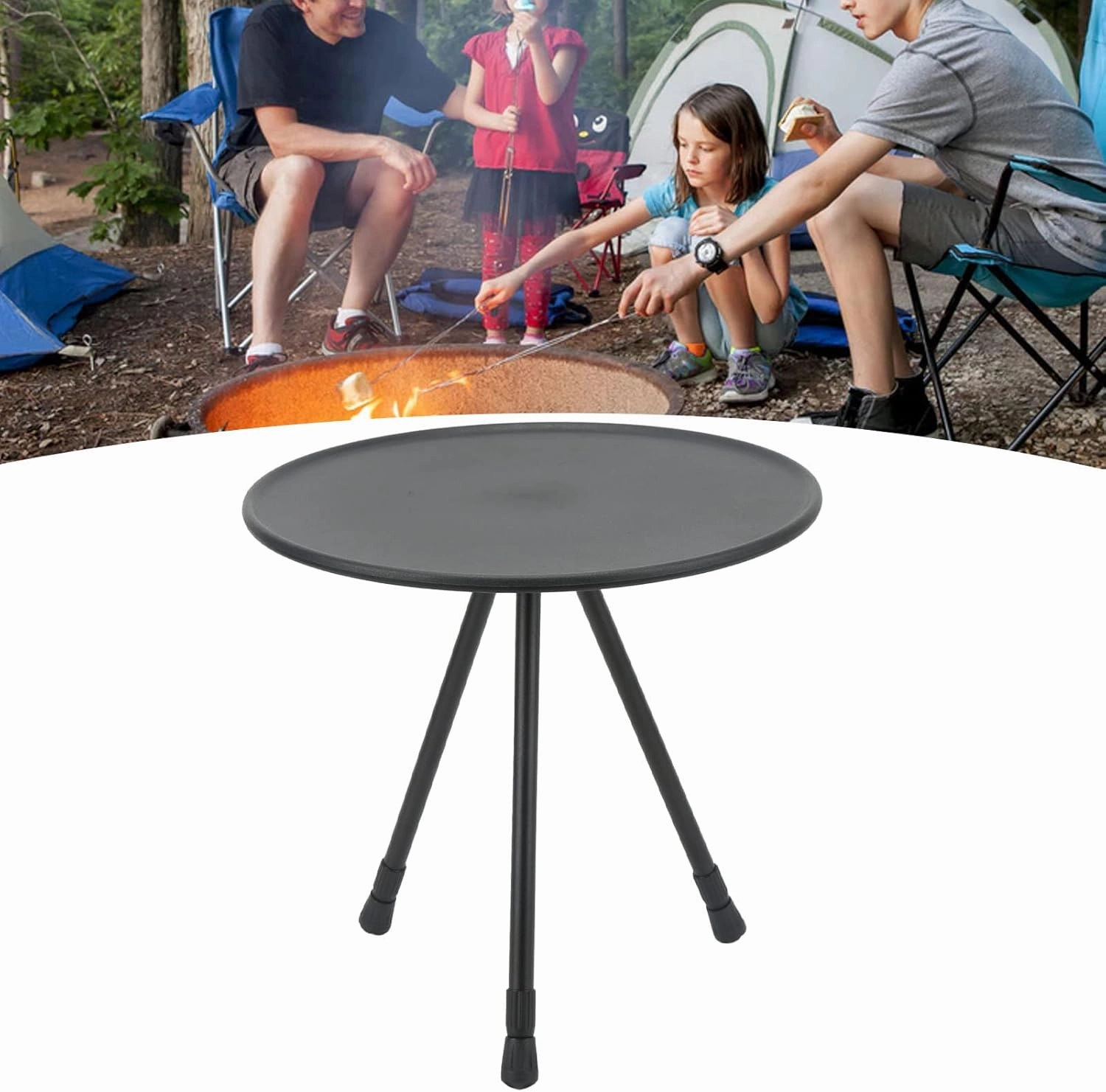 Round Side Table, Folding Camping Outdoor Table, Liftable Bedside Coffee End Table with Storage Bag, Aluminum Alloy, for Indoor Outdoor Living Room, Bedroom, Camping (Frosted Black)
