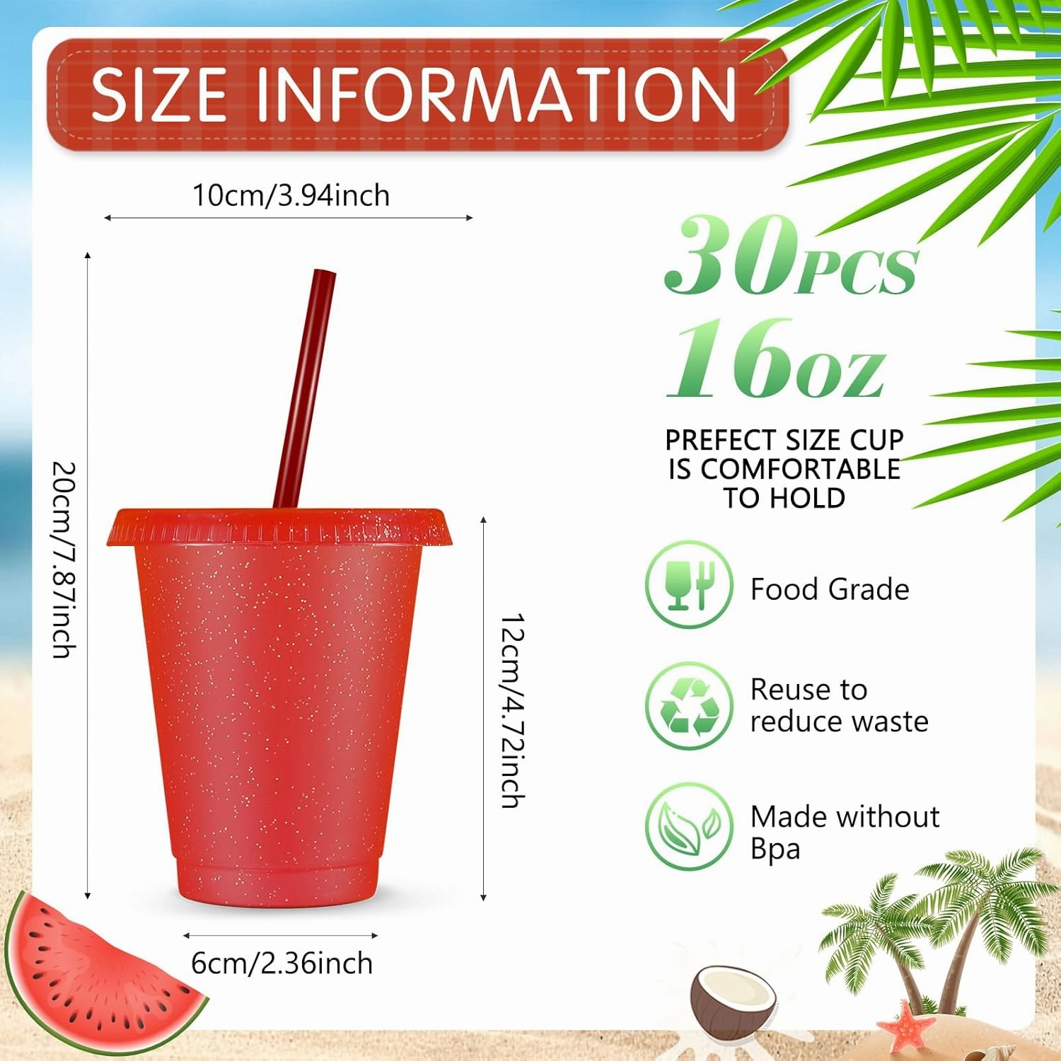 Rtteri 30 Pieces Reusable Cups with Lids and Straws 16 oz Glitter Iced Coffee Tumbler Plastic Travel Mug Cup for Smoothie Juices Christmas Parties Birthdays, Flamingo Party Bachelor Party(Red)