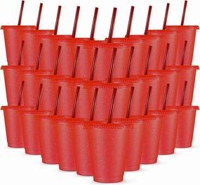 Rtteri 30 Pieces Reusable Cups with Lids and Straws 16 oz Glitter Iced Coffee Tumbler Plastic Travel Mug Cup for Smoothie Juices Christmas Parties Birthdays, Flamingo Party Bachelor Party(Red)
