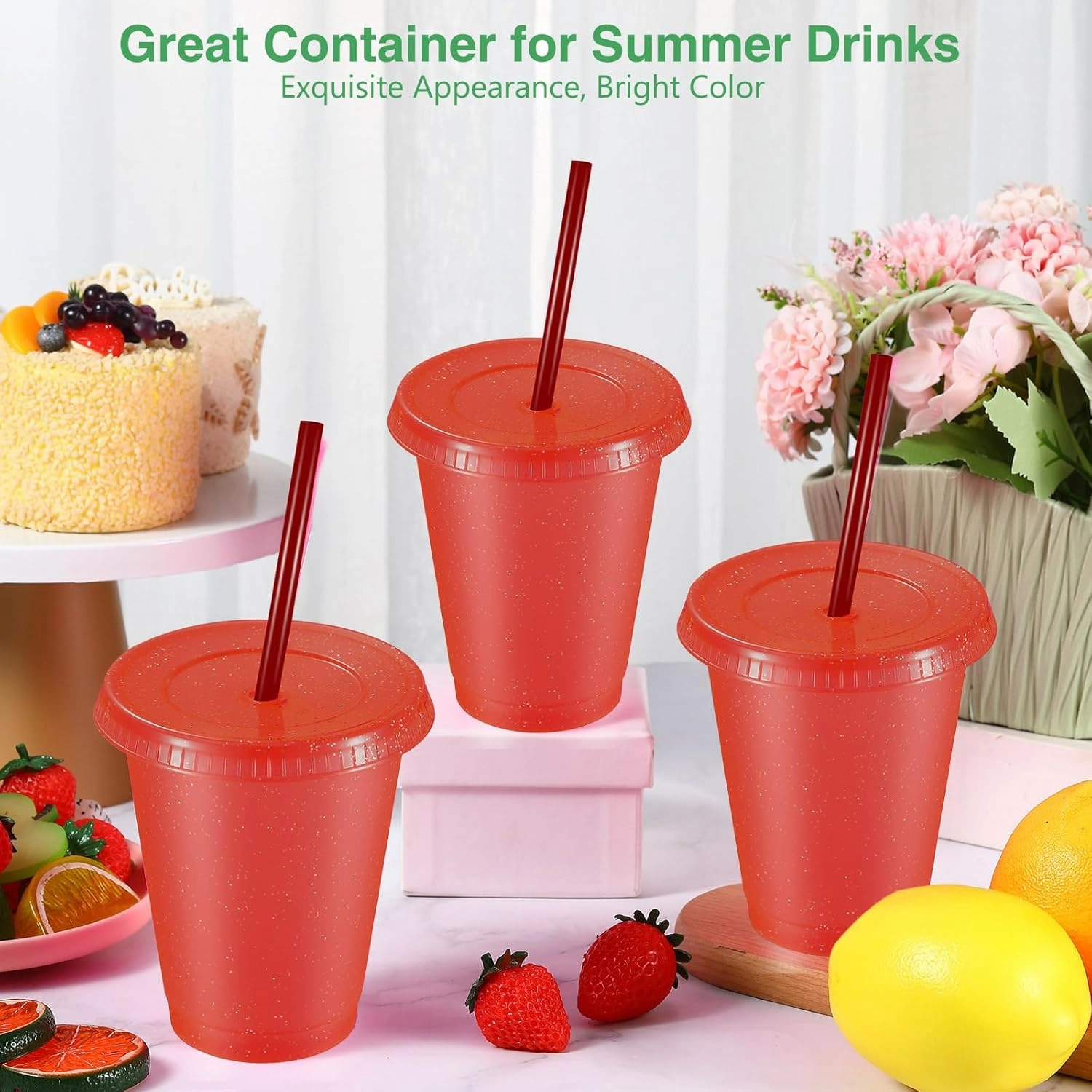 Rtteri 30 Pieces Reusable Cups with Lids and Straws 16 oz Glitter Iced Coffee Tumbler Plastic Travel Mug Cup for Smoothie Juices Christmas Parties Birthdays, Flamingo Party Bachelor Party(Red)