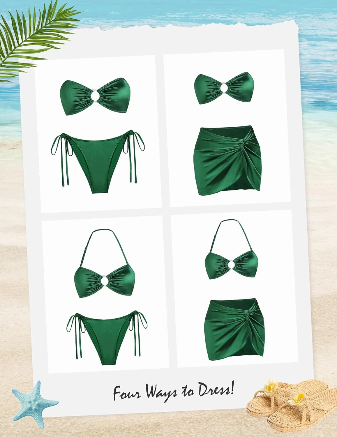 Ruched 3 Piece Swimsuits for Women Ribbed Velvet Bikini Sets with Sarong Coverup Metal Ring Bathing Suit