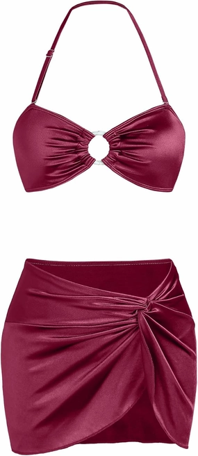 Ruched 3 Piece Swimsuits for Women Ribbed Velvet Bikini Sets with Sarong Coverup Metal Ring Bathing Suit
