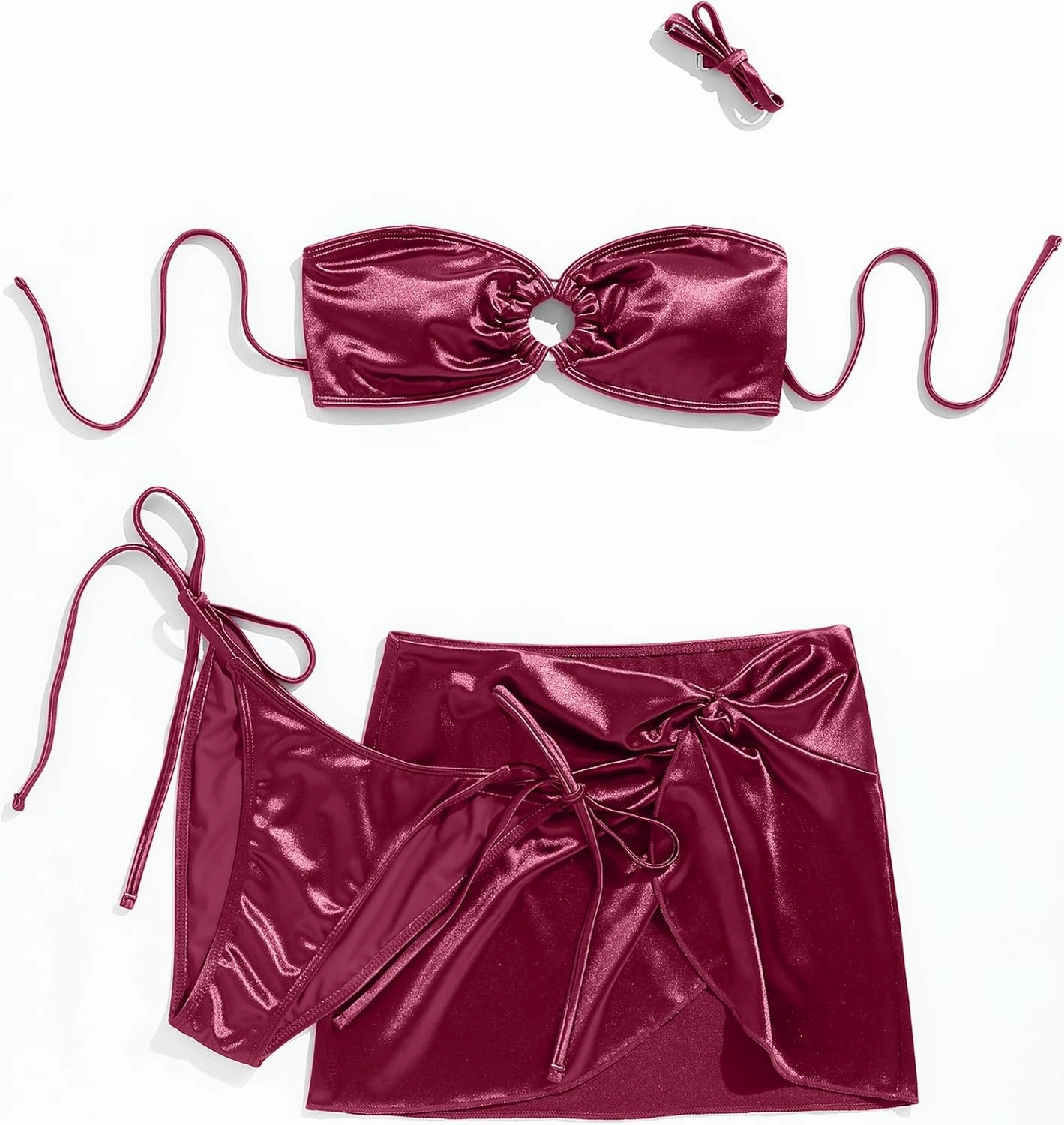 Ruched 3 Piece Swimsuits for Women Ribbed Velvet Bikini Sets with Sarong Coverup Metal Ring Bathing Suit