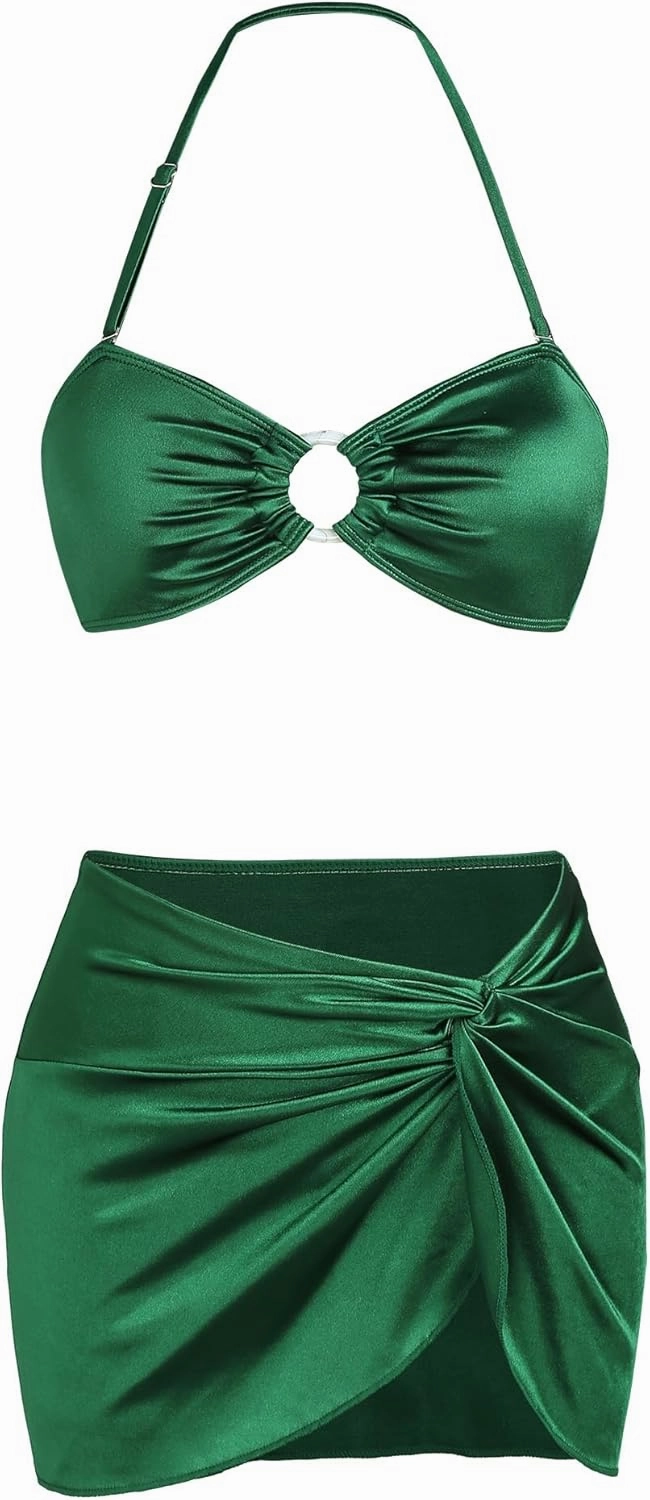Ruched 3 Piece Swimsuits for Women Ribbed Velvet Bikini Sets with Sarong Coverup Metal Ring Bathing Suit