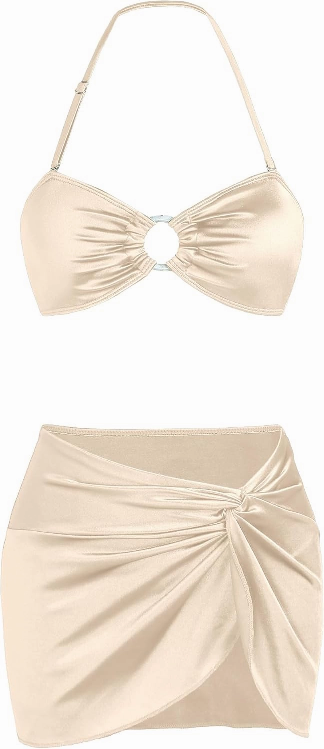 Ruched 3 Piece Swimsuits for Women Ribbed Velvet Bikini Sets with Sarong Coverup Metal Ring Bathing Suit