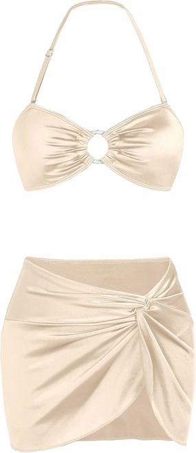 Ruched 3 Piece Swimsuits for Women Ribbed Velvet Bikini Sets with Sarong Coverup Metal Ring Bathing Suit