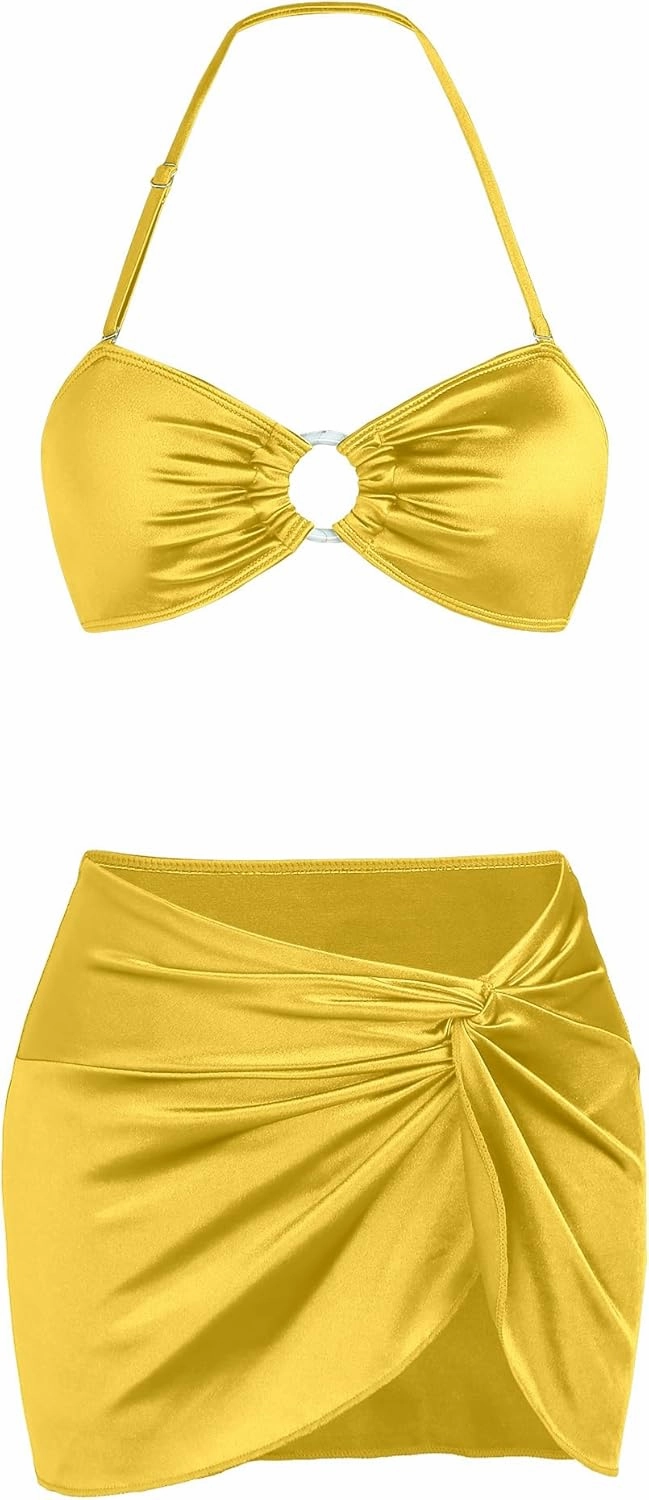 Ruched 3 Piece Swimsuits for Women Ribbed Velvet Bikini Sets with Sarong Coverup Metal Ring Bathing Suit