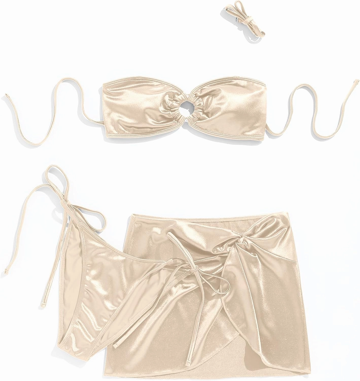 Ruched 3 Piece Swimsuits for Women Ribbed Velvet Bikini Sets with Sarong Coverup Metal Ring Bathing Suit