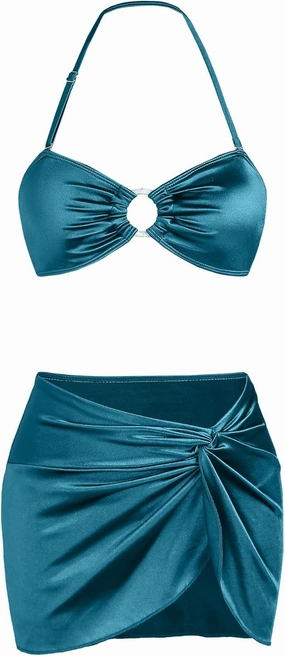 Ruched 3 Piece Swimsuits for Women Ribbed Velvet Bikini Sets with Sarong Coverup Metal Ring Bathing Suit