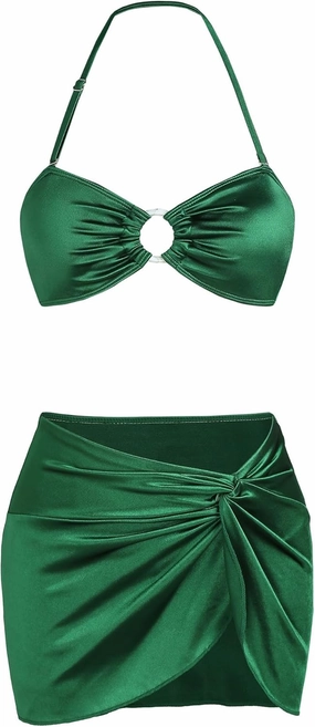Ruched 3 Piece Swimsuits for Women Ribbed Velvet Bikini Sets with Sarong Coverup Metal Ring Bathing Suit