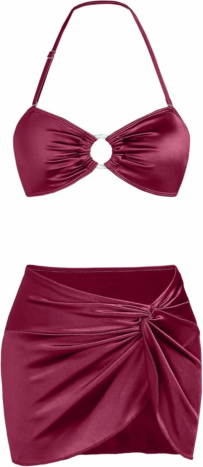 Ruched 3 Piece Swimsuits for Women Ribbed Velvet Bikini Sets with Sarong Coverup Metal Ring Bathing Suit