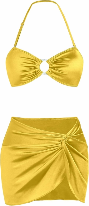 Ruched 3 Piece Swimsuits for Women Ribbed Velvet Bikini Sets with Sarong Coverup Metal Ring Bathing Suit
