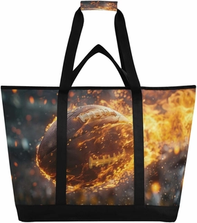 Rugby Ball Fire Large Insulated Reusable Tote Bag for Grocery Shopping for Women Men, Cooler Bag with Zippered Top & Handles for Travel Beach Picnic