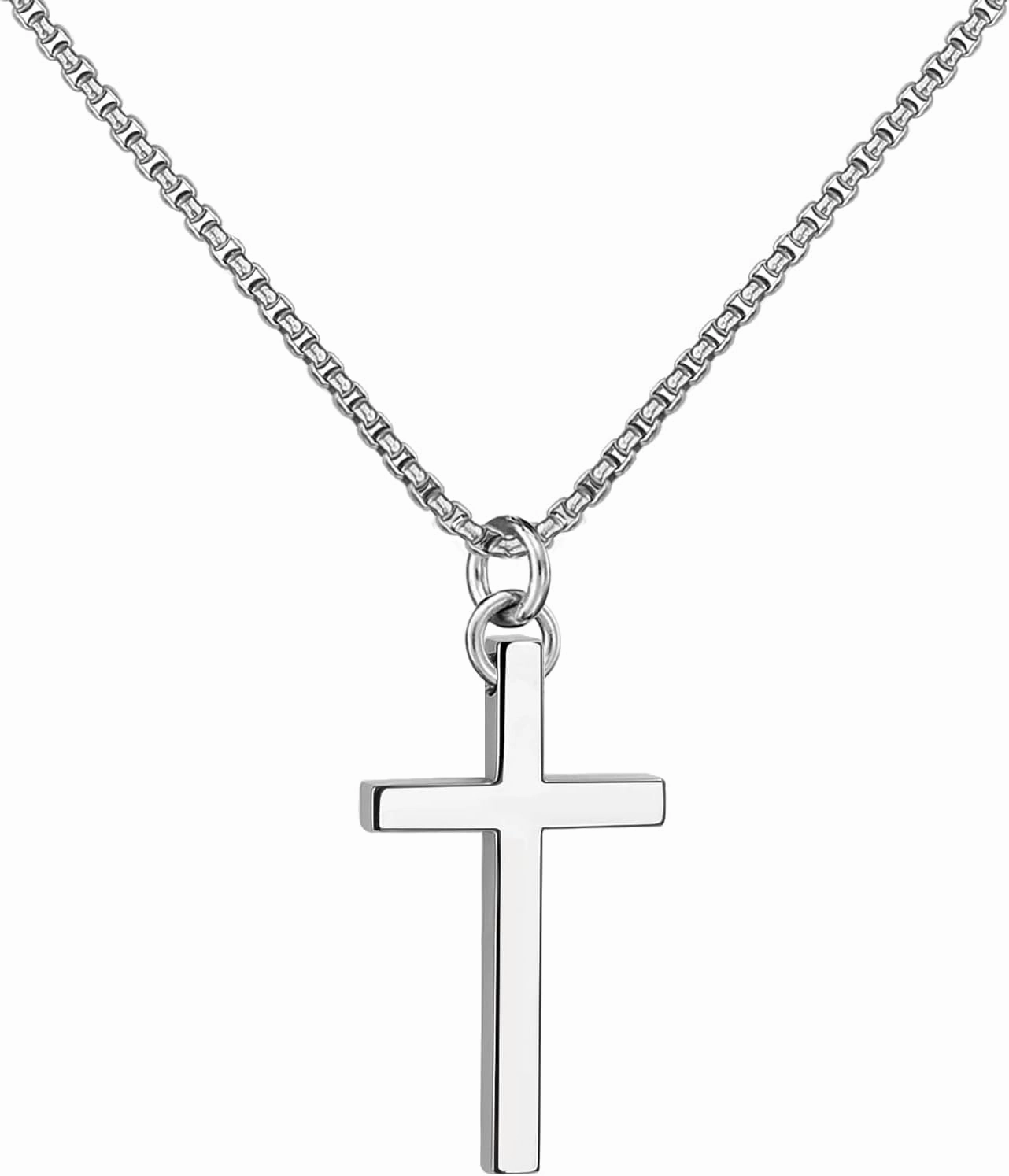SanThree 3mm Pure Titanium Cross Necklace for Men Women Square Box Rolo Chain, Skin Friendly Solid Round Link Rolo Chain for Birthday Valentines Graduation Gifts, 23.62 Inches