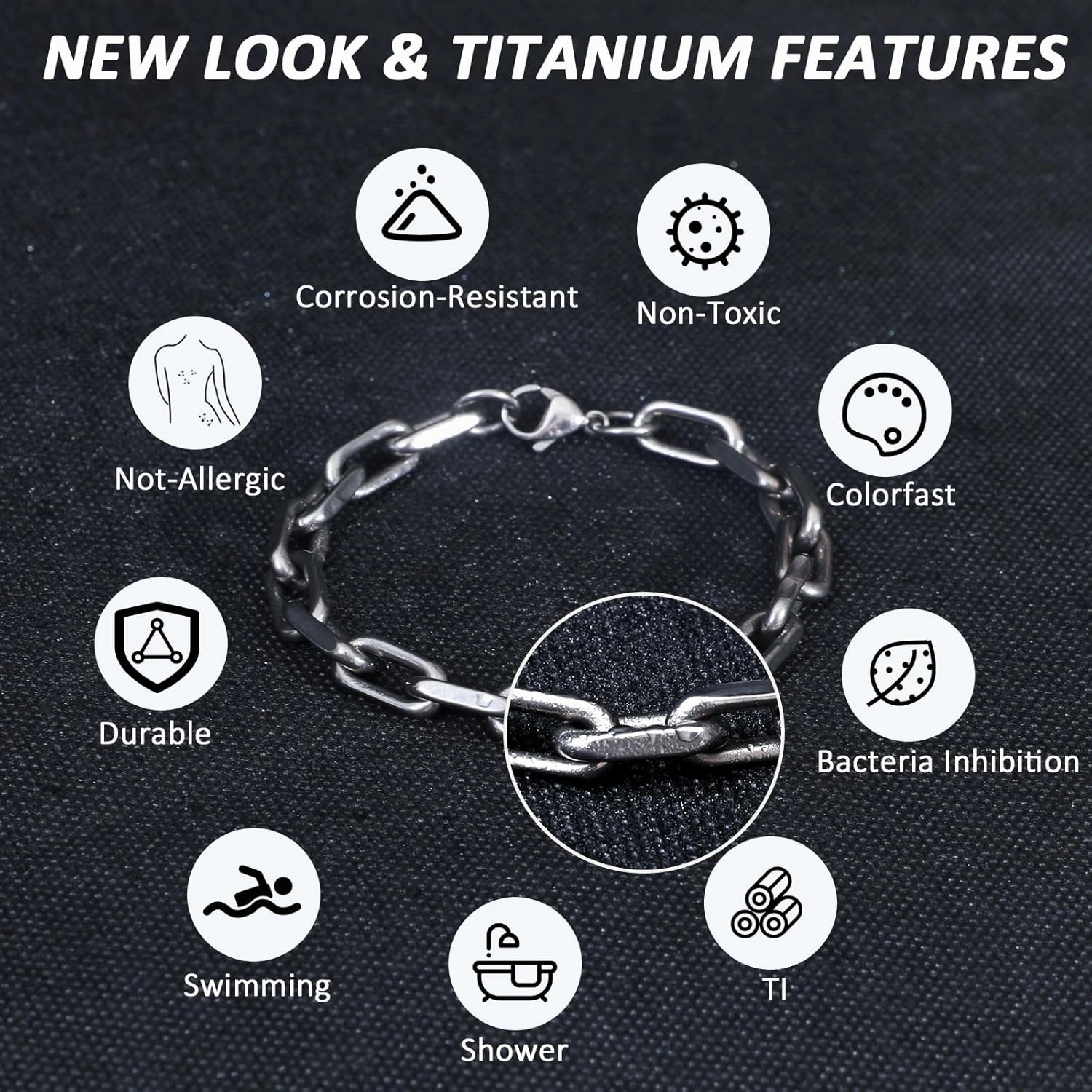 SanThree Solid Pure Titanium Oval Chain Bracelet, 8mm Square Skin Friendly Seamless Welded Link Chain Bracelets for Men Birthday Boyfriend Grandpa Father Gifts,8.26"/8.66"/9.05",Come with Gift Box