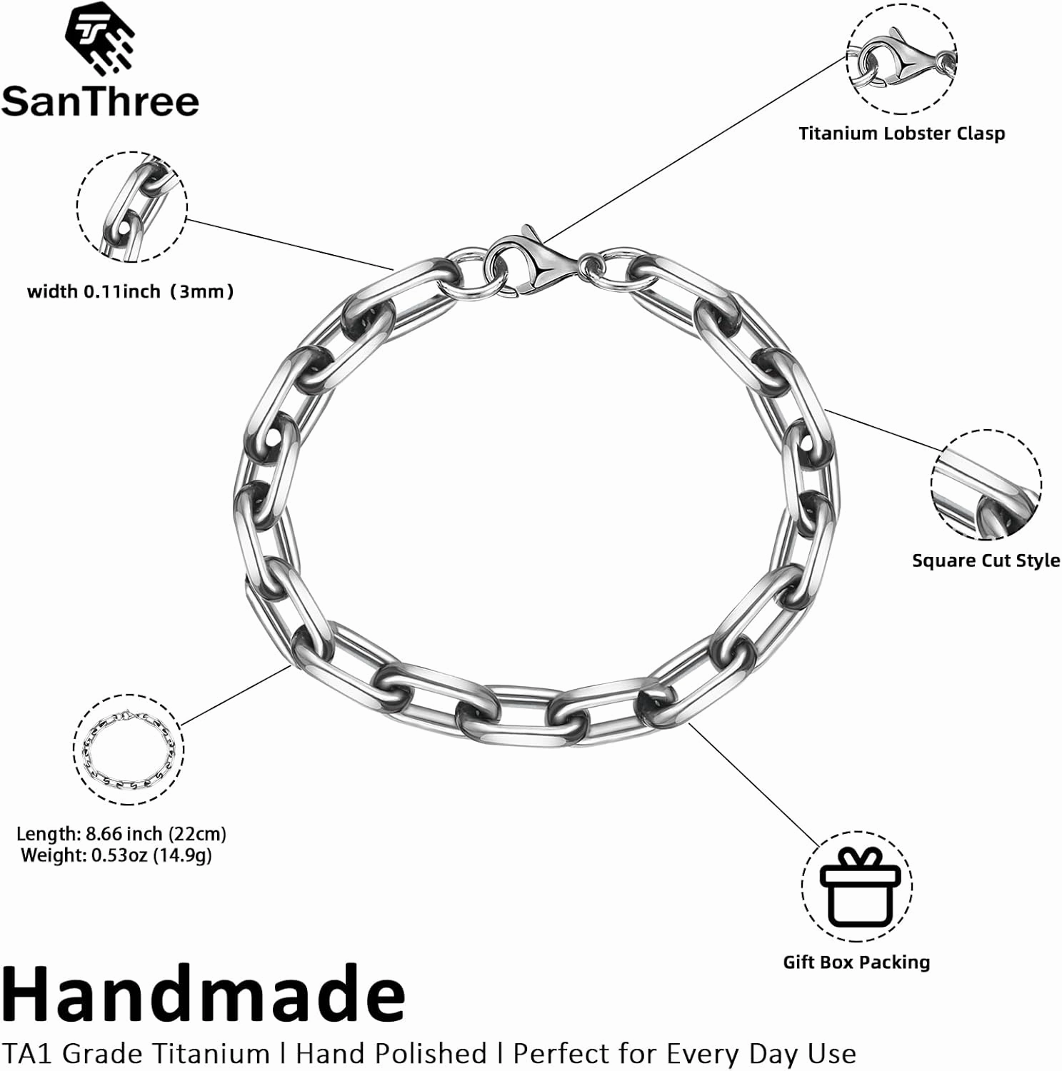 SanThree Solid Pure Titanium Oval Chain Bracelet, 8mm Square Skin Friendly Seamless Welded Link Chain Bracelets for Men Birthday Boyfriend Grandpa Father Gifts,8.26"/8.66"/9.05",Come with Gift Box