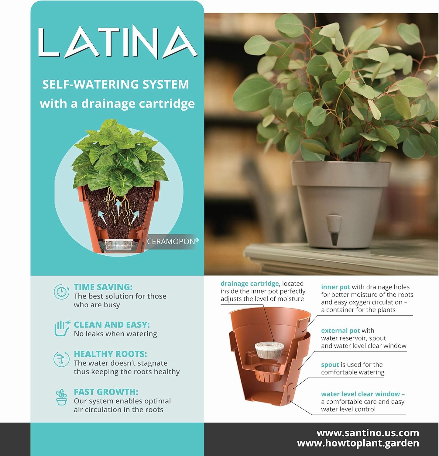 Santino Self Watering Planter Latina (6.9 Inch- Set of 3, Cream) Indoor/Outdoor Flower Pot with Bottom Watering and Water Level Indicator