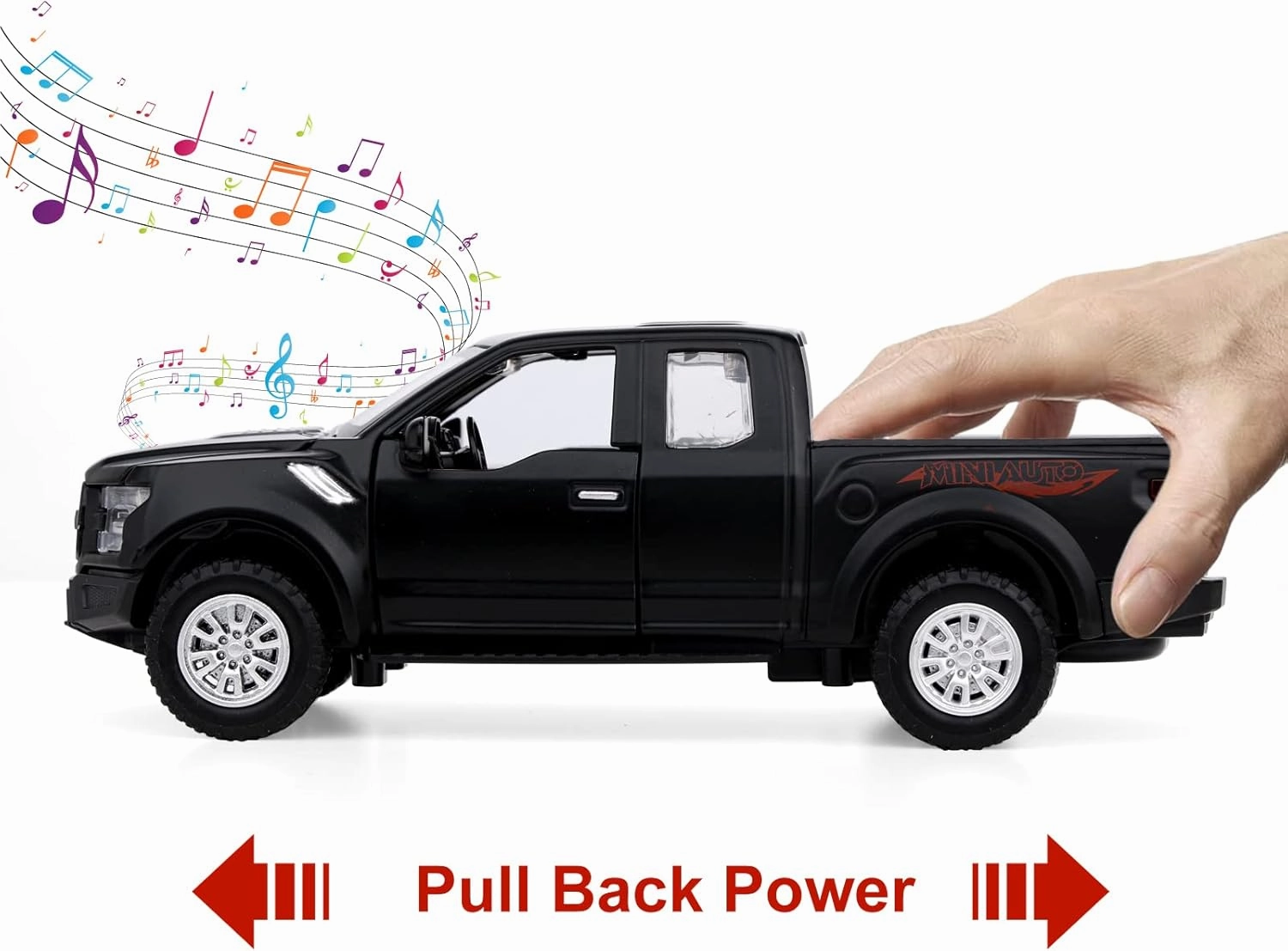 SASBSC F150 Pickup Truck Toys for Boys Age 3-8 Raptor Toy Trucks for Boy Ages 4-7 Diecast Metal Model Truck with Light and Sound Pull Back Toy Cars Gifts for 3  Year Old Kids (Black)