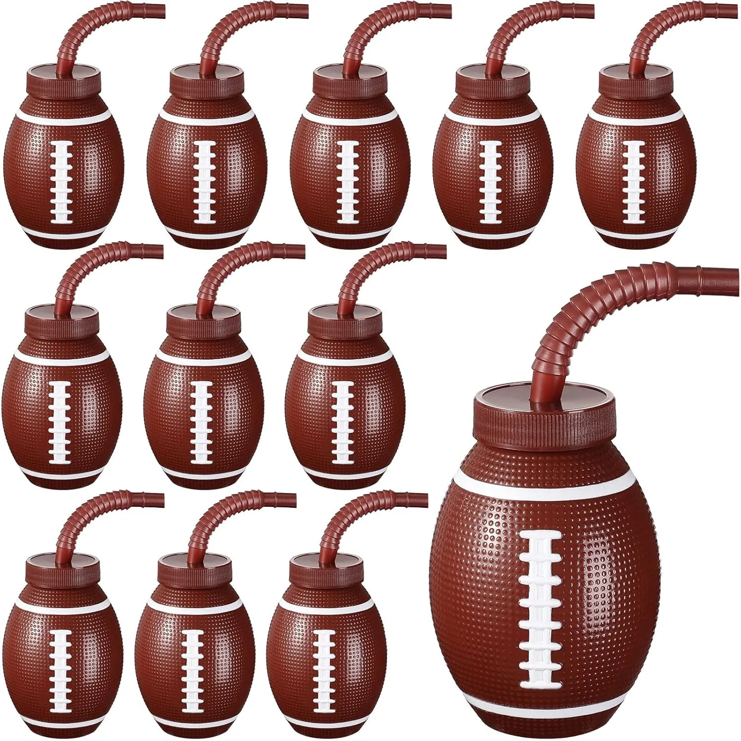 Sawysine 12 Sets Football Ball Cups with Straws and Lids, 10 oz Toddler Plastic Reusable Super Football Party Cups Bulk for Kids Birthday Theme Party Supplies