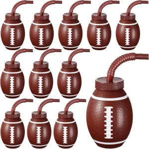 Sawysine 12 Sets Football Ball Cups with Straws and Lids, 10 oz Toddler Plastic Reusable Super Football Party Cups Bulk for Kids Birthday Theme Party Supplies