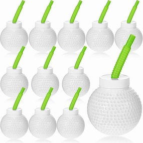 Sawysine 12 Set Golf Ball Cups with Straws and Lids, 10 oz Plastic Reusable Golf Party Cups Bulk for Kids Birthday Theme Party Supplies