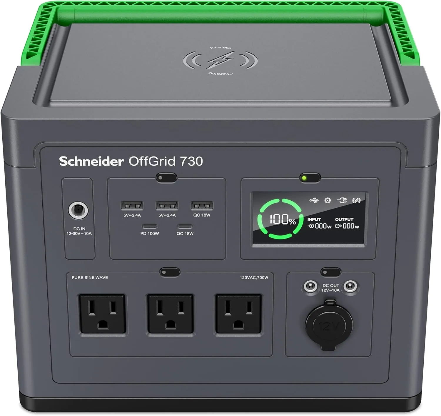 Schneider OffGrid Portable Power Station 700W, PPS730, Lightweight 738Wh Solar Generator: 3 AC Outlets, Quick Charge USB-C PD Port, Wireless Charging, LED Light for Outdoor Camping, RV, Home Backup