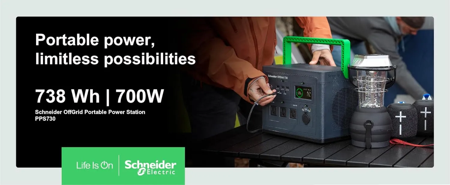 Schneider OffGrid Portable Power Station 700W, PPS730, Lightweight 738Wh Solar Generator: 3 AC Outlets, Quick Charge USB-C PD Port, Wireless Charging, LED Light for Outdoor Camping, RV, Home Backup