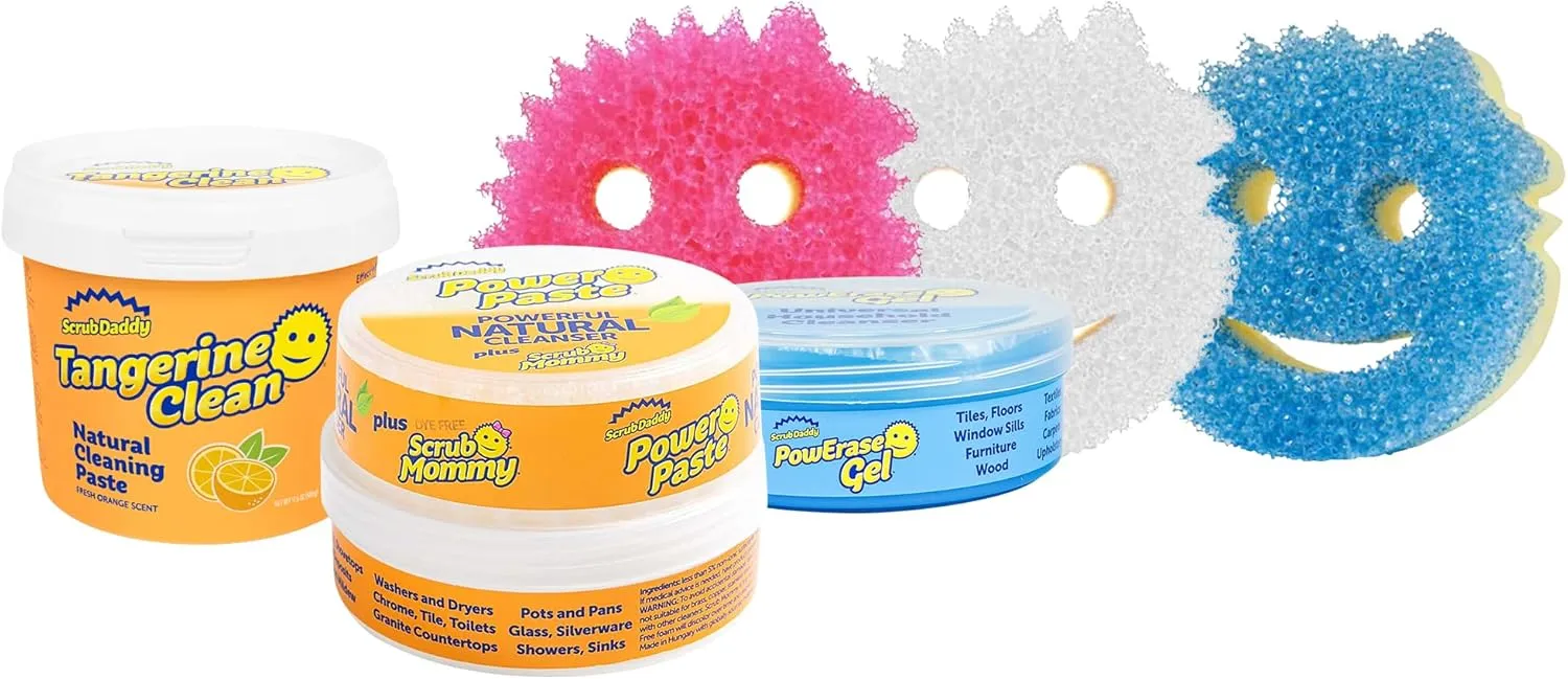 Scrub Daddy Sponges   Household Cleaning Supplies Bundle - PowerPaste Cleaning Putty, Tangerine Clean, PowErase Gel All Purpose Cleaner & Scrub Mommy (3 Pastes & 3 Sponges)