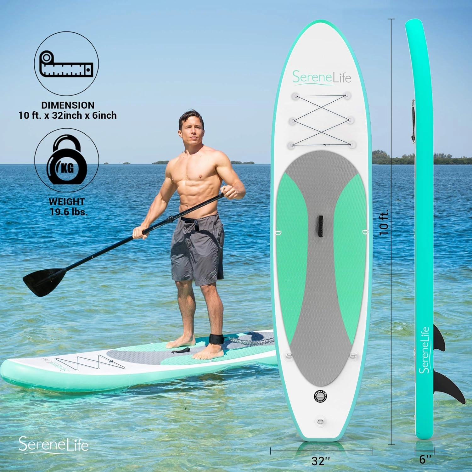 SereneLife Inflatable Stand Up Paddle Board and Detachable Seat - SUP Paddleboard Set for Adults and Youth, 32" Wide Design with Non-Slip EVA Deck Pad and Marine-Grade Materials, 350 lbs Capacity