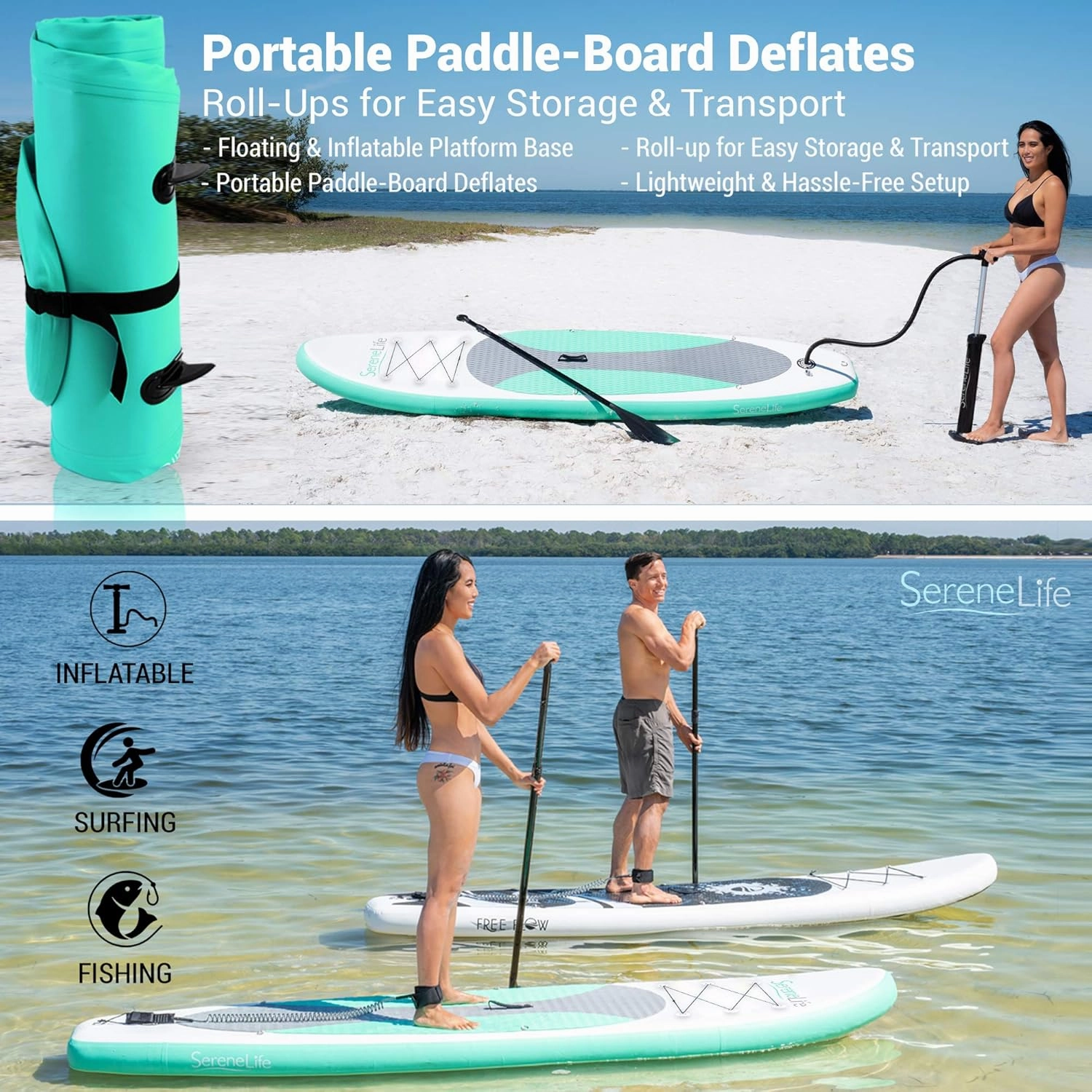SereneLife Inflatable Stand Up Paddle Board and Detachable Seat - SUP Paddleboard Set for Adults and Youth, 32" Wide Design with Non-Slip EVA Deck Pad and Marine-Grade Materials, 350 lbs Capacity