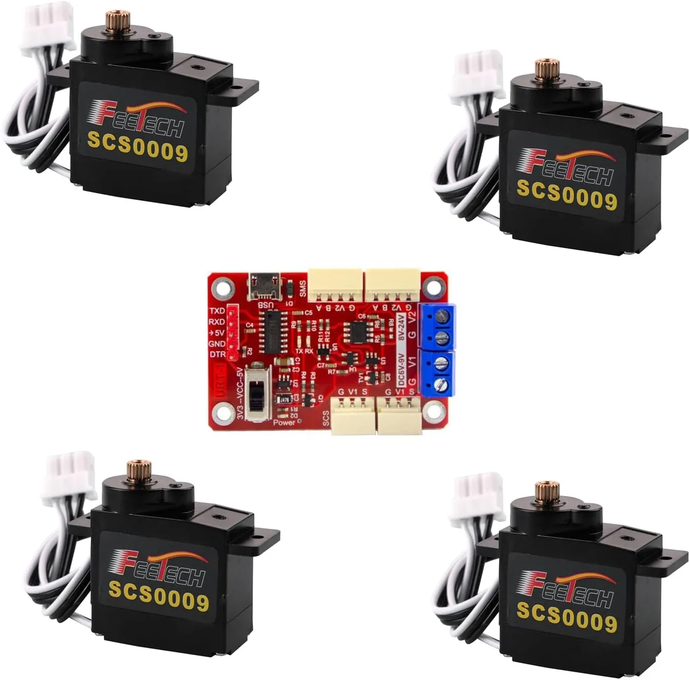 Series Bus Servo Set 2.5KG Torque 6V 9G Micro Servos Metal Gear 360° Magnetic Encoder, Signal Converter TTL/RS485 Feedback for RC Helicopter Robot (4 Servos 1signal Conversion Board)