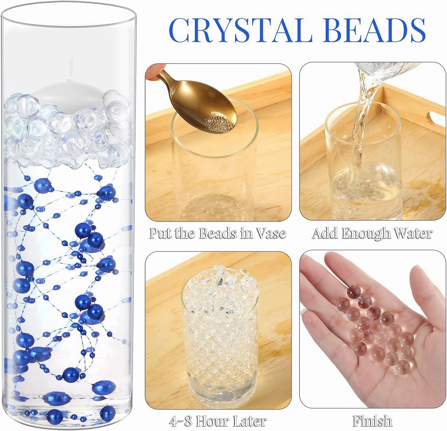 Shihanee 15 Pcs Clear Glass Cylinder Vases Centerpiece Flower Vase Candle Holder for Centerpiece Wedding Party Decor with Candles Faux Pearls String and Beads (Royal Blue)