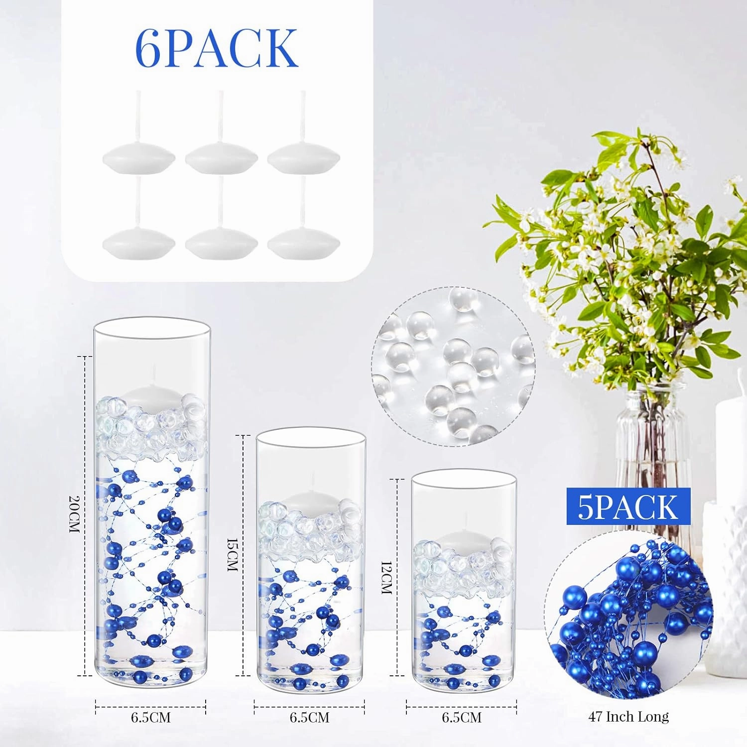 Shihanee 15 Pcs Clear Glass Cylinder Vases Centerpiece Flower Vase Candle Holder for Centerpiece Wedding Party Decor with Candles Faux Pearls String and Beads (Royal Blue)