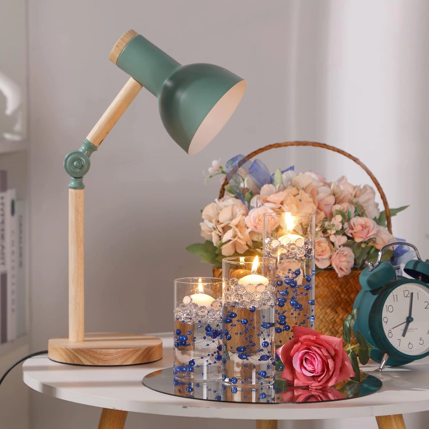 Shihanee 15 Pcs Clear Glass Cylinder Vases Centerpiece Flower Vase Candle Holder for Centerpiece Wedding Party Decor with Candles Faux Pearls String and Beads (Royal Blue)