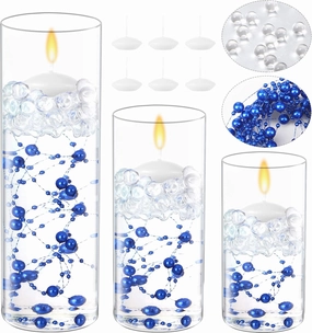 Shihanee 15 Pcs Clear Glass Cylinder Vases Centerpiece Flower Vase Candle Holder for Centerpiece Wedding Party Decor with Candles Faux Pearls String and Beads (Royal Blue)