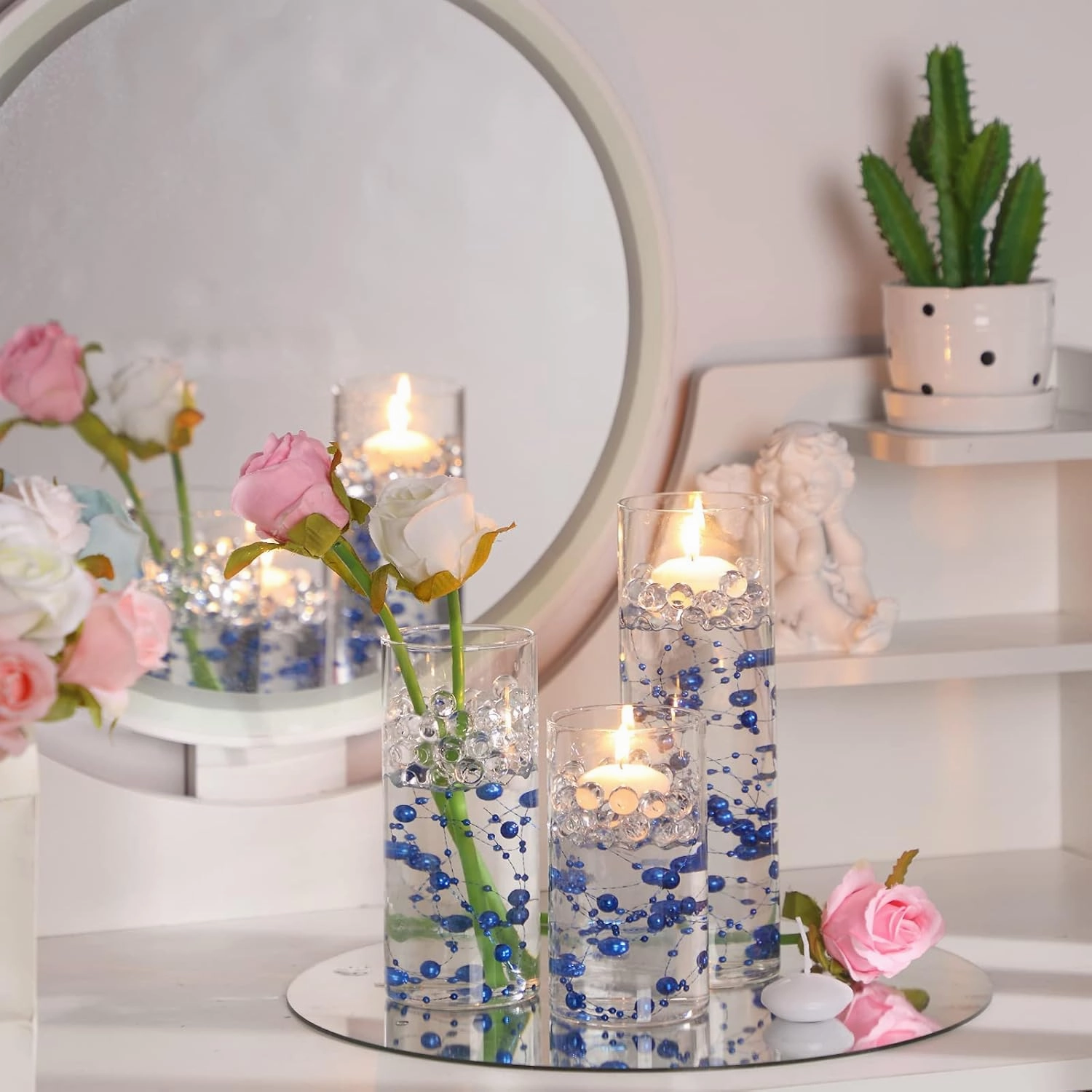 Shihanee 15 Pcs Clear Glass Cylinder Vases Centerpiece Flower Vase Candle Holder for Centerpiece Wedding Party Decor with Candles Faux Pearls String and Beads (Royal Blue)