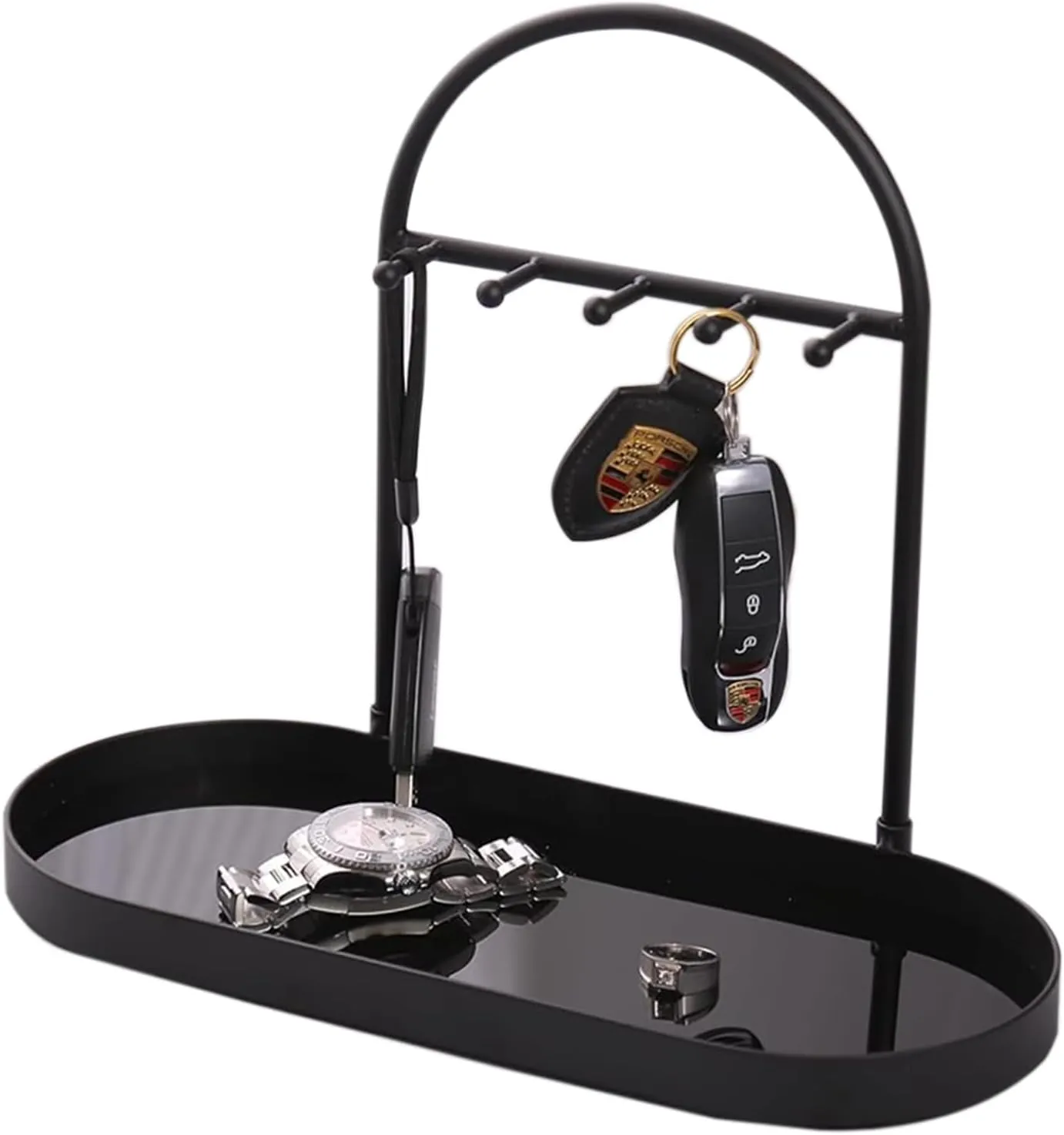 Shinpuru Metal Jewelry Organizer Stand & Key Holder Tray with Acrylic Base, Key Stand and Jewelry Tray with 5 Hooks, Perfect Key Bowl, Valet Tray, Key Tray, Ring Holder, Jewelry Dish(Matt Black)
