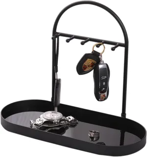 Shinpuru Metal Jewelry Organizer Stand & Key Holder Tray with Acrylic Base, Key Stand and Jewelry Tray with 5 Hooks, Perfect Key Bowl, Valet Tray, Key Tray, Ring Holder, Jewelry Dish(Matt Black)