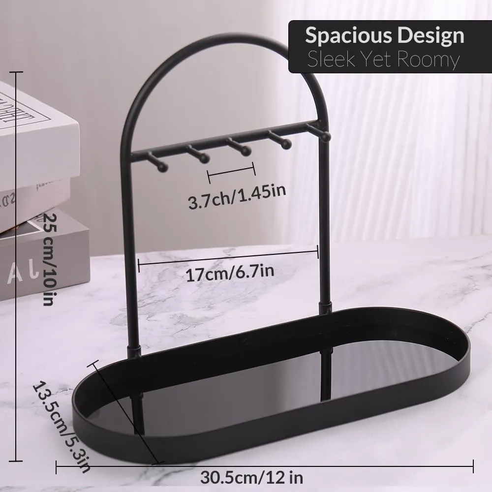 Shinpuru Metal Jewelry Organizer Stand & Key Holder Tray with Acrylic Base, Key Stand and Jewelry Tray with 5 Hooks, Perfect Key Bowl, Valet Tray, Key Tray, Ring Holder, Jewelry Dish(Matt Black)