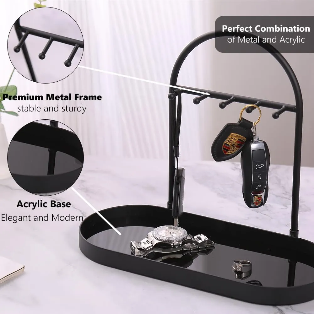 Shinpuru Metal Jewelry Organizer Stand & Key Holder Tray with Acrylic Base, Key Stand and Jewelry Tray with 5 Hooks, Perfect Key Bowl, Valet Tray, Key Tray, Ring Holder, Jewelry Dish(Matt Black)