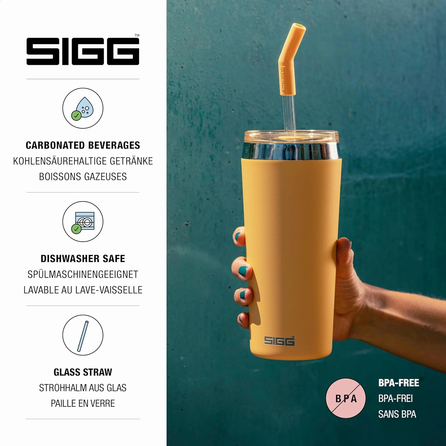 SIGG - Insulated Mug - Travel Mug Helia - With Durable Glass Straw & Cleaning Brush - Leakproof - BPA Free - 18/8 Stainless Steel - 15oz/20oz