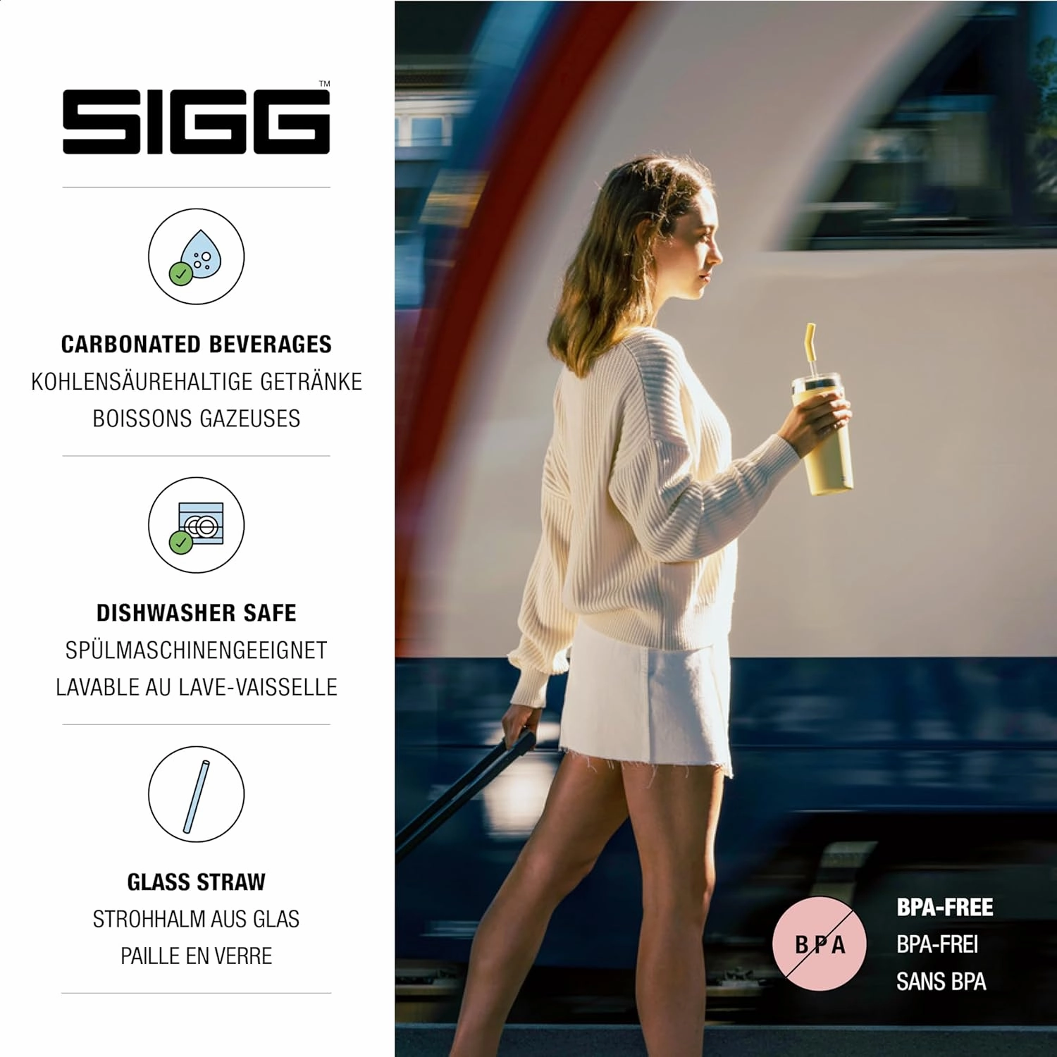 SIGG - Insulated Mug - Travel Mug Helia - With Durable Glass Straw & Cleaning Brush - Leakproof - BPA Free - 18/8 Stainless Steel - 15oz/20oz