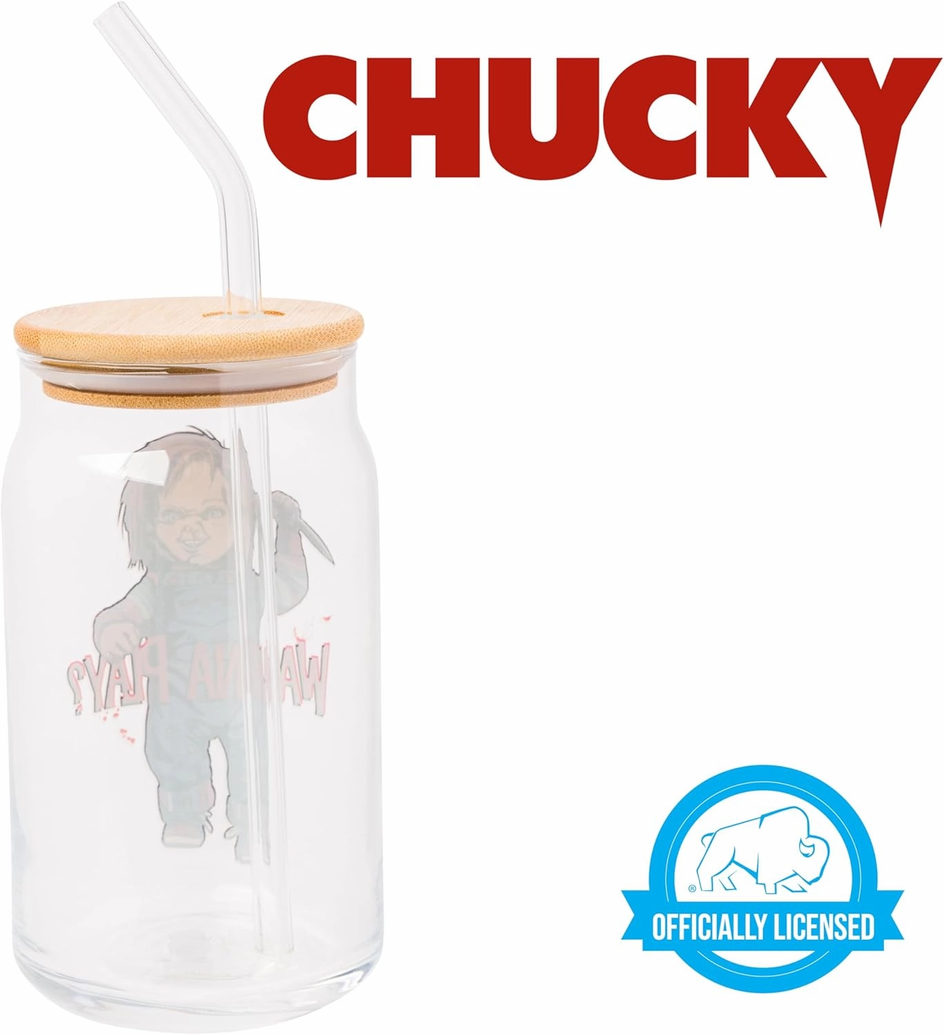 Silver Buffalo Chucky Wanna Play Scary Glass Jar Tumbler with Bamboo Lid and Glass Straw, 16 Ounces